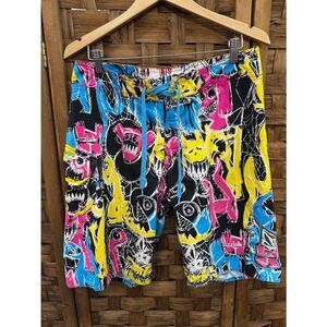 Volcom Black Board Shorts with Bright Blue, Yellow & Pink Graphic Print